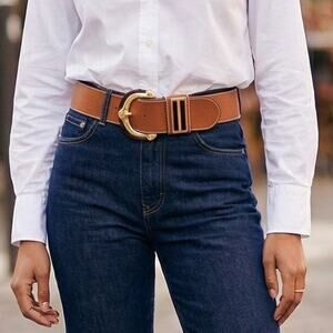 Cache Genuine Leather Cognac Wide Waist Belt White Stitching Gold Buckle Sz S